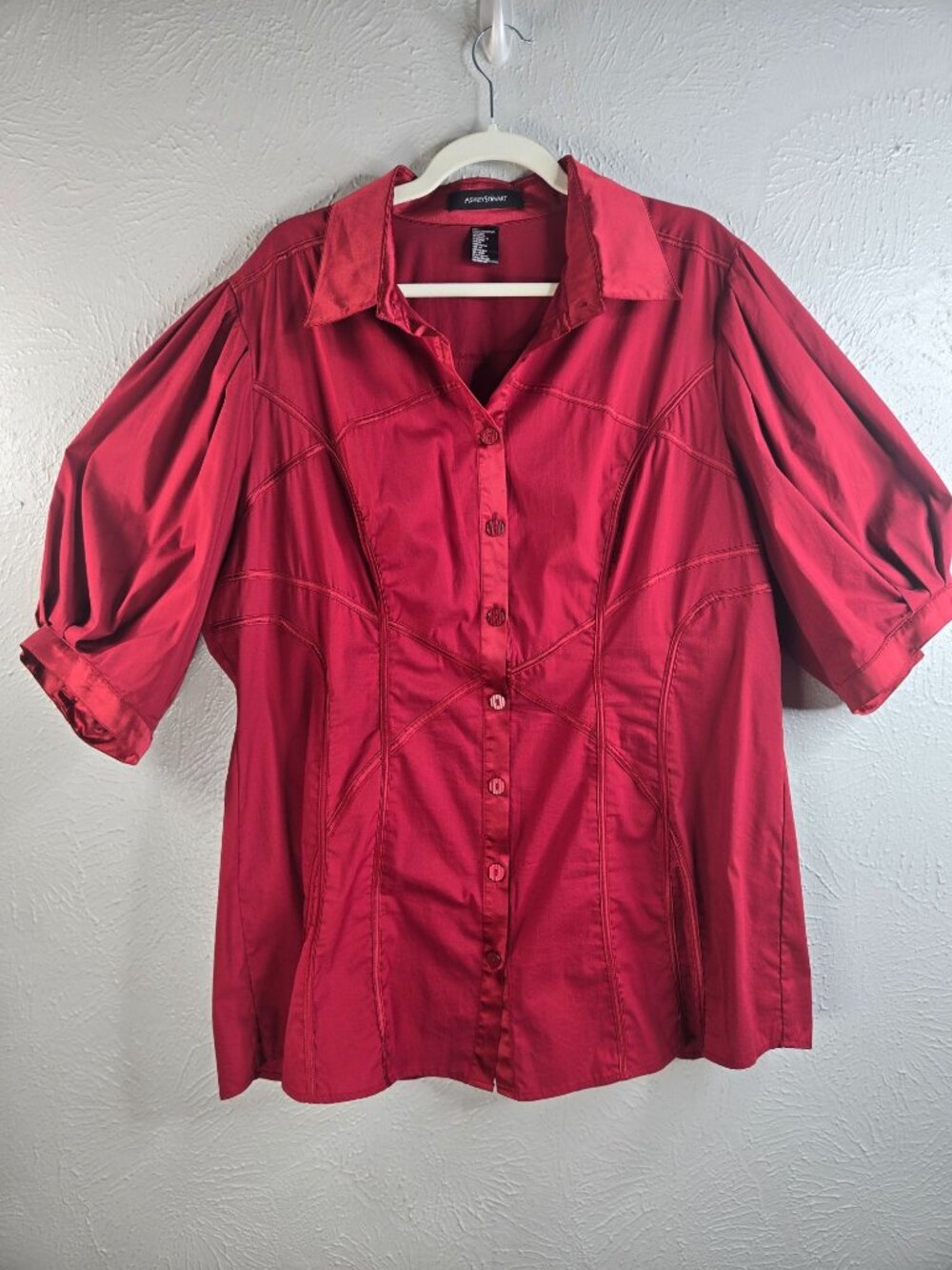 Ashley Stewart Puff Sleeve Buttondown Shirt Plus Size 2X Red Collared Preppy Top